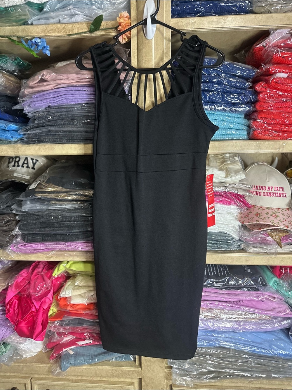 Bella D. Black Sleeveless Midi Dress with Strappy Cage Neckline